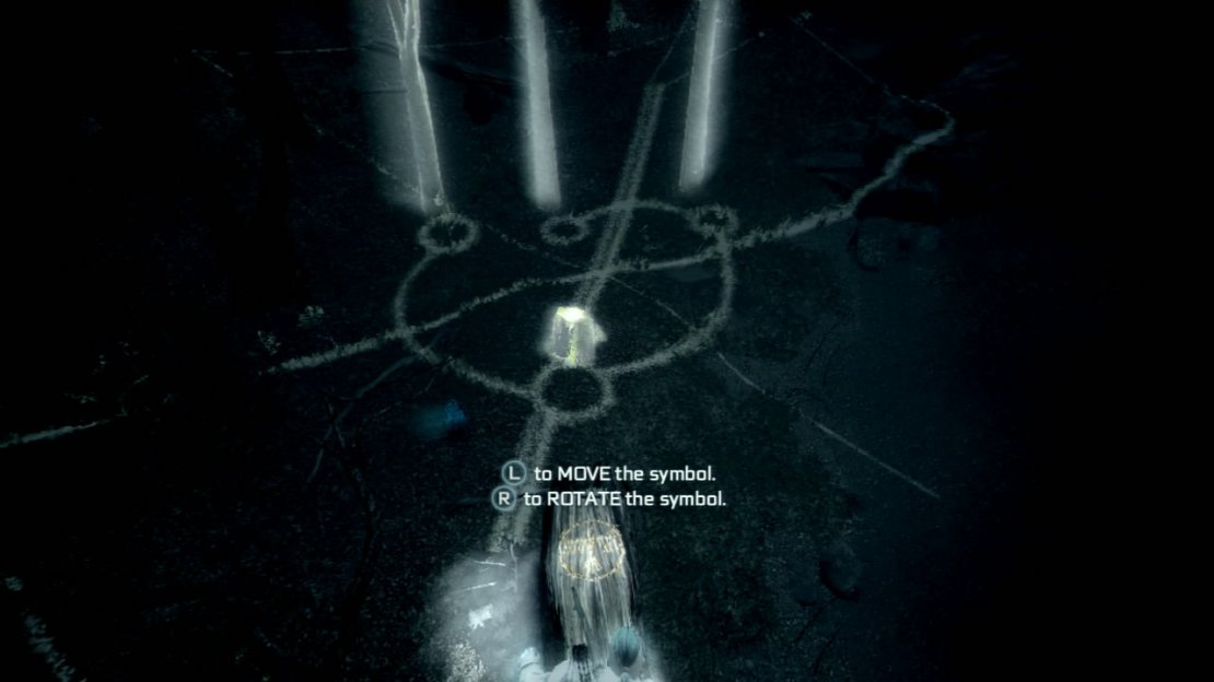 Here are the four locations we need to visit to find the runes:     - At the top of the tree in the Southwest corner.     - On top of the pile of rocks in the water at the north end.     - At the top of the burned tree at the North-East side of the island.     - On top of the rocky cave to the West of the burned tree.    After we have aligned all of the lines, the puzzle timer will stop and a short scene will play. make your way to the centre of the island. You will be attacked by three wolves. Kill them all - if you have trouble with the button prompt sequences (I sure did!), climb one of the trees nearby and air assassinate the wolves one at a time.  Once the wolves are dead, examine the clue in the search area. Following the scene, shoot the explosive barrels and drop down the hole that opens up into the water at the bottom.