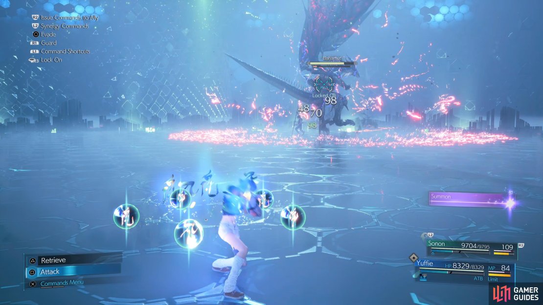 You’ll want to keep Yuffie at range and cast Ninjutsu at Bahamut