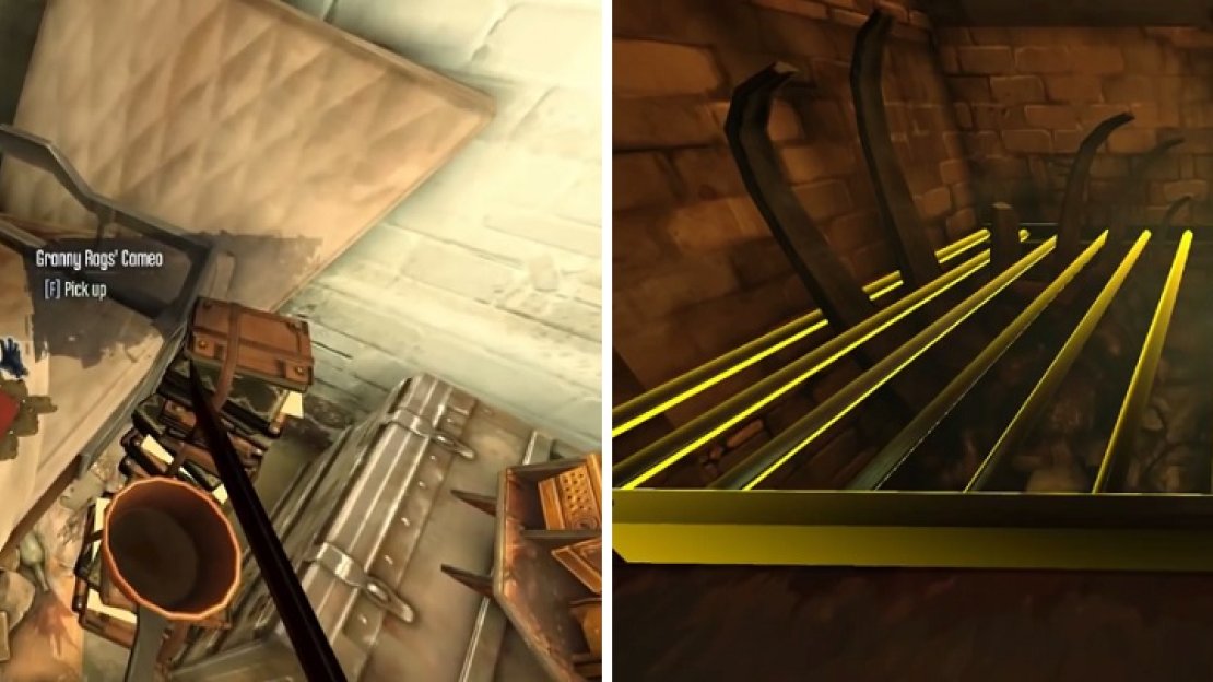 In order to take down Granny Rags, you’ll have to grab her cameo off of her bed (left) and place it on the furnace nearby (right).