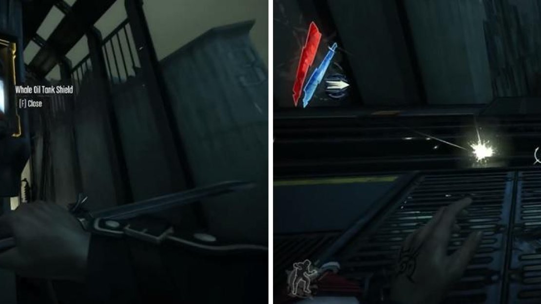 Remove the whale oil tank (left) to disable the Wall of Light, allowing you to proceed. Be careful of stepping on the train tracks, as they are electrified (right).