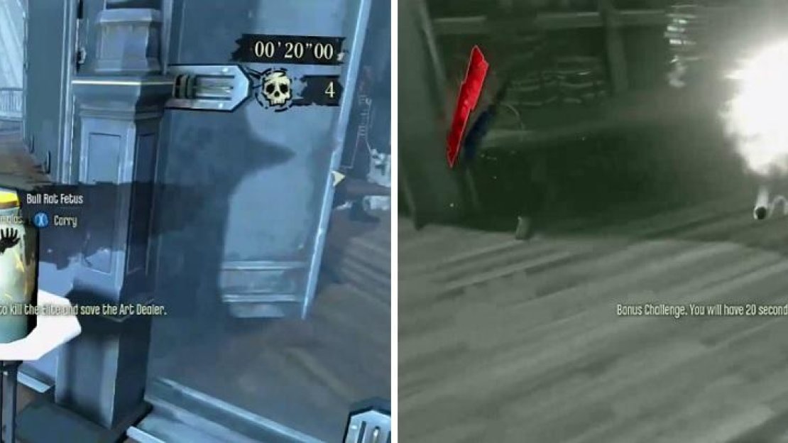 For the first bonus, you’ll have to pick up the jar and throw it at the glass to break it (left). Possess the guy shooting and place him in front of the bullet’s trajectory (right).