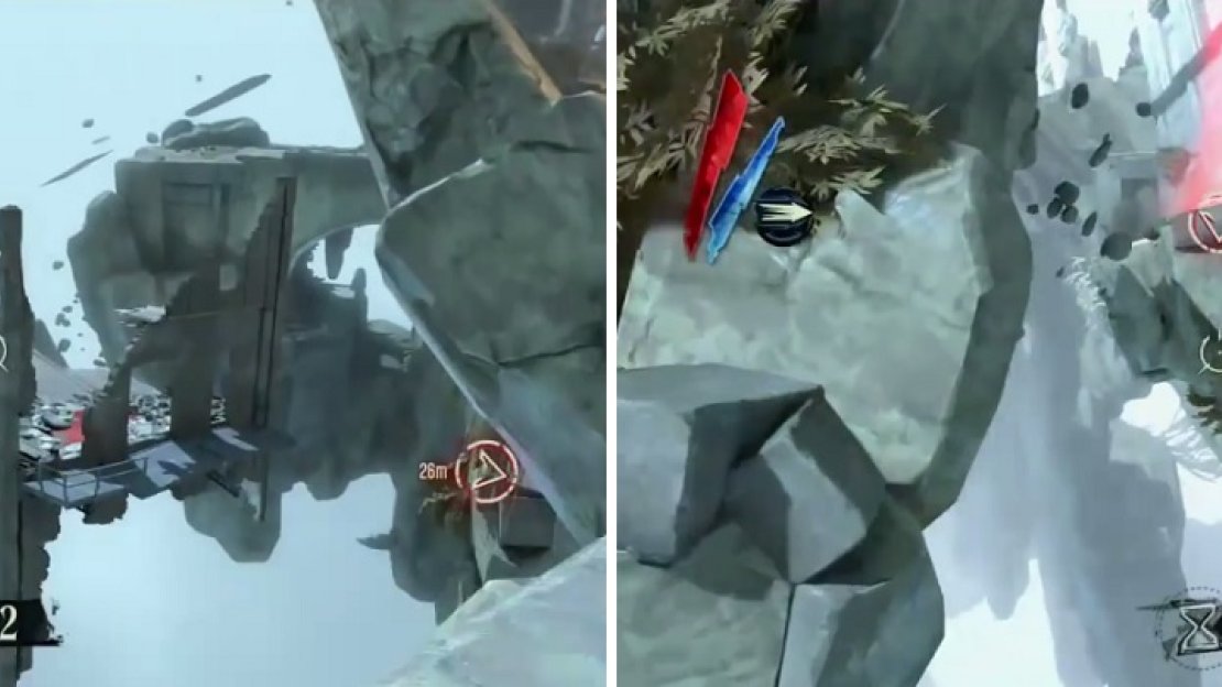 For the first Tricky Jump, get down to the platform below (left), then double jump and Blink to the platform with the beam (right).