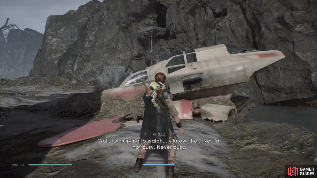 Interact with the ship in the crash to speak with Greez