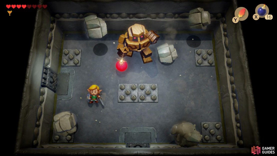 Place Bombs in front of the Stone Hinox to deal damage to it.