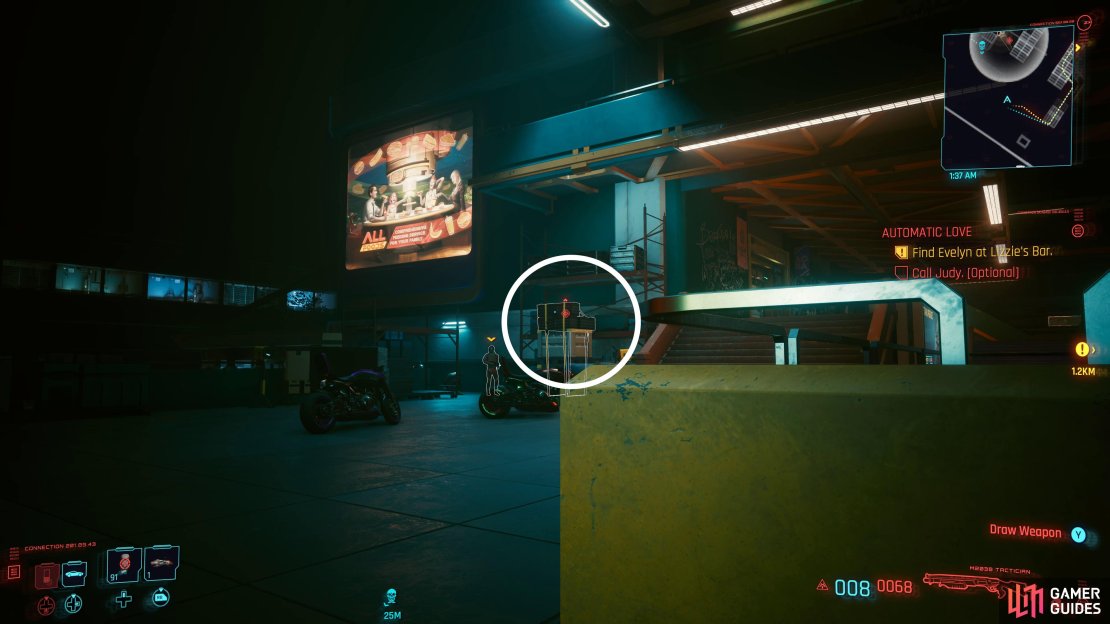Approach from here and use the Crate Stack to deal with these two guards