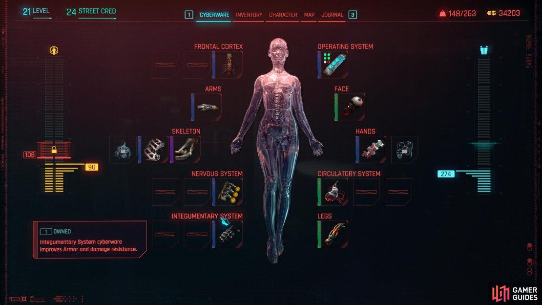 You upgrade your armor by placing cyberware into three specific systems like Skeleton, Integumentary, and Legs.