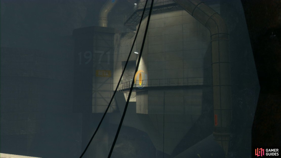 Look to your left as you walk down the walkway and you should see a large walled area leading to a green door. Zoom in and fire off an exit portal over at the wall, now walk down to the end of the metal walkway and look at the wall to your left, you can place an entrance portal here.