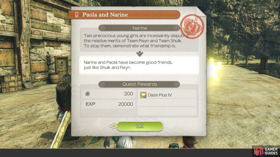 If you’ve been working on Affinity between Sharla and Melia, then you’ll be able to turn this Quest in for some hefty EXP.