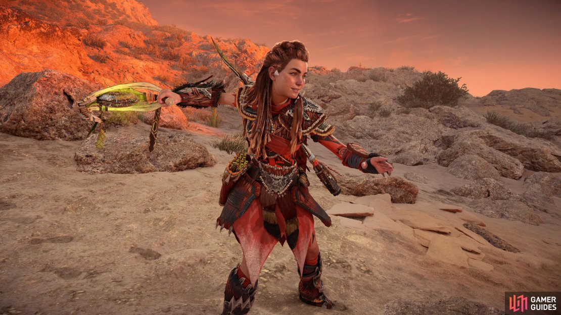 Aloy is excited to try out her new Shredder Gauntlet. 
