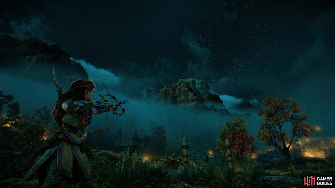 Aloy trying out her new Shock Warrior Bow.