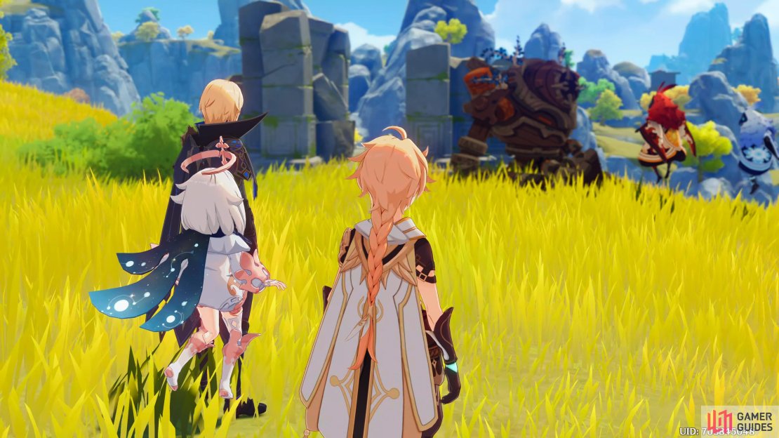 Paimon, Dainsleif and the Traveler watching the Abyss Mages search the Ruin Guard for something valuable.