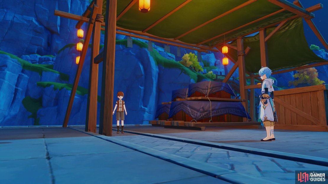 Chongyun talking to Dalong underneath a canopy.