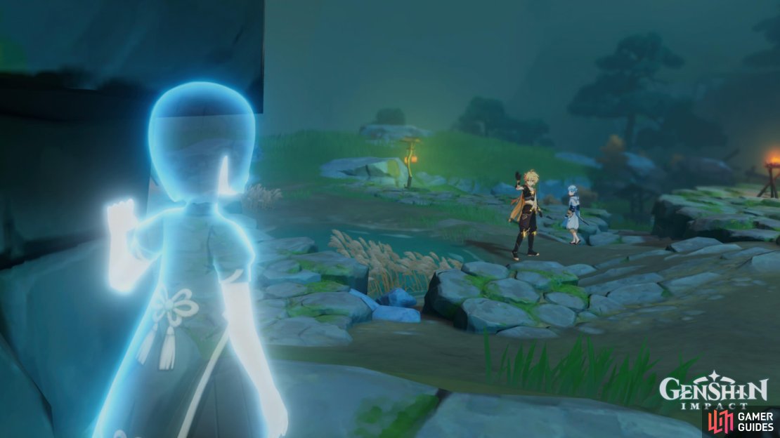 The ghost Qianqian hiding behind a rocky wall whilst the Traveler is talking to Chongyun in the distance.