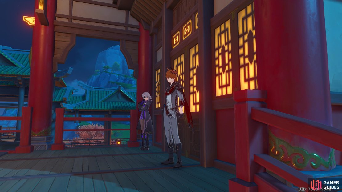 Childe waiting outside the Northland Bank in Liyue Harbor.