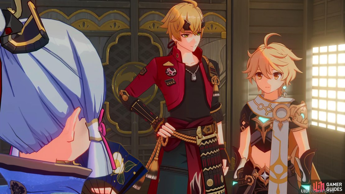 The Traveler standing in awe after meeting Kamisato Ayako for the first time.