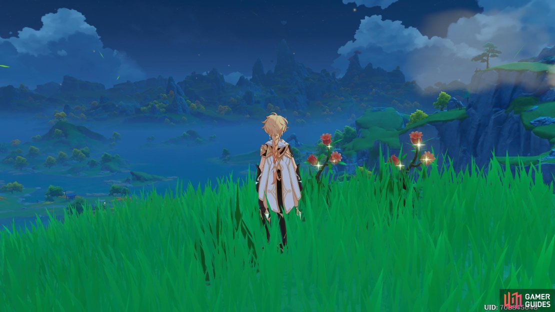 Traveler enjoying the view of Liyue whilst gathering Fresh Jueyun Chilis.