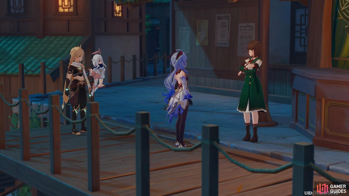 Traveler and Paimon listening to Ganyu and Lan’s conversation at the Adventure Guild.