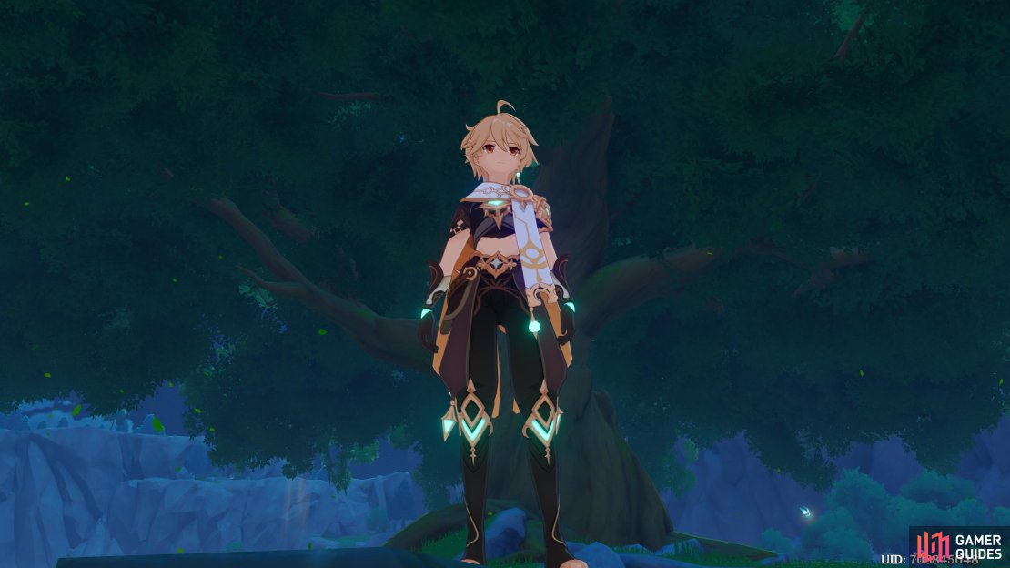 The Traveler following Venti to the great tree of Windrise.