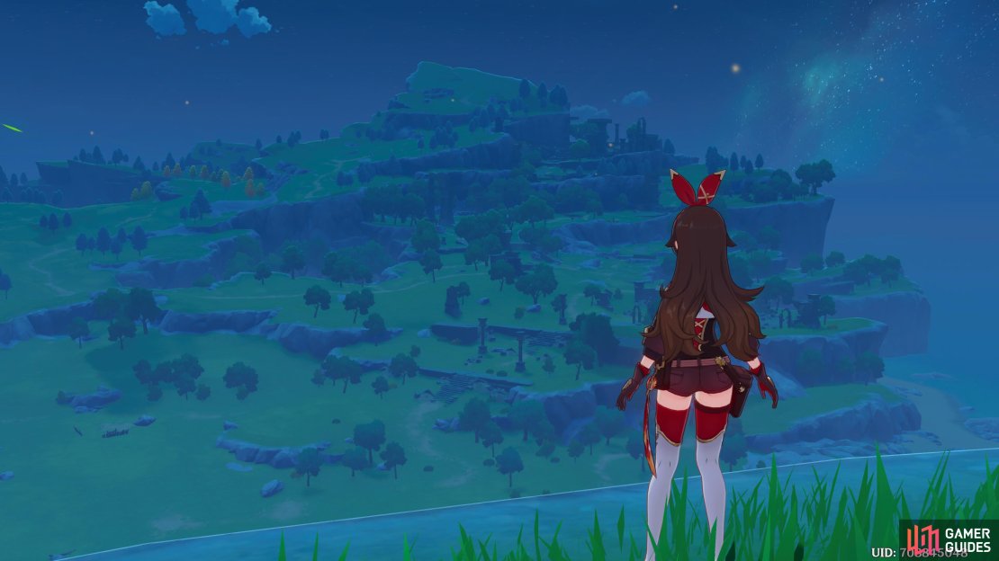 Amber looking at the view of Mondstadt from the cliffs of Galesong Hill.