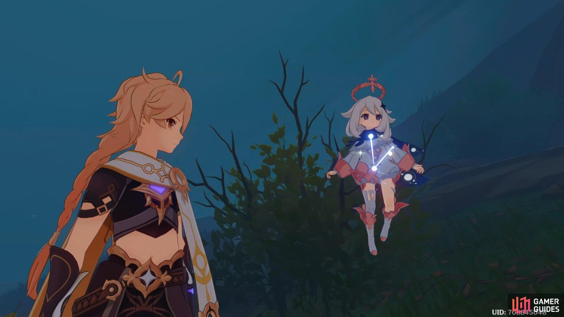 Paimon and the Traveler heading into the Autake Plains.