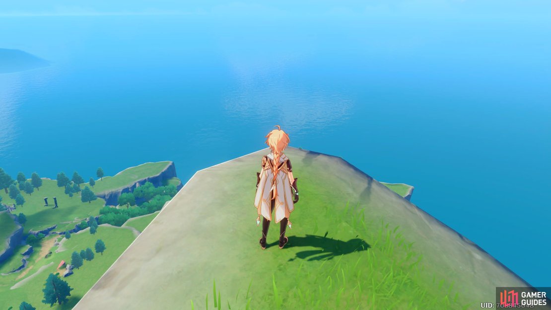 The Traveler overlooking the edge of Starsnatch Cliff, waiting for Venti to call down Dvalin.