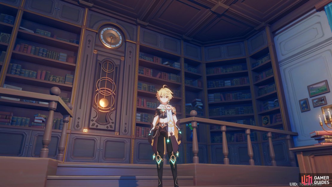 The Traveler waiting for Jean in her office at the Favonius Headquartes.