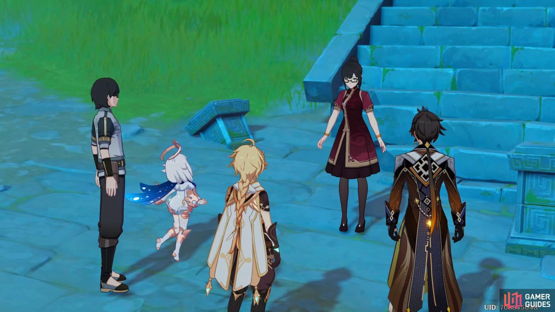 The Traveler and team talking to the Ambushed Scholar, Wanyu.