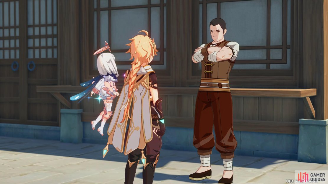 Paimon and the Traveler talking to Uncle Dai at Liyue’s dock.