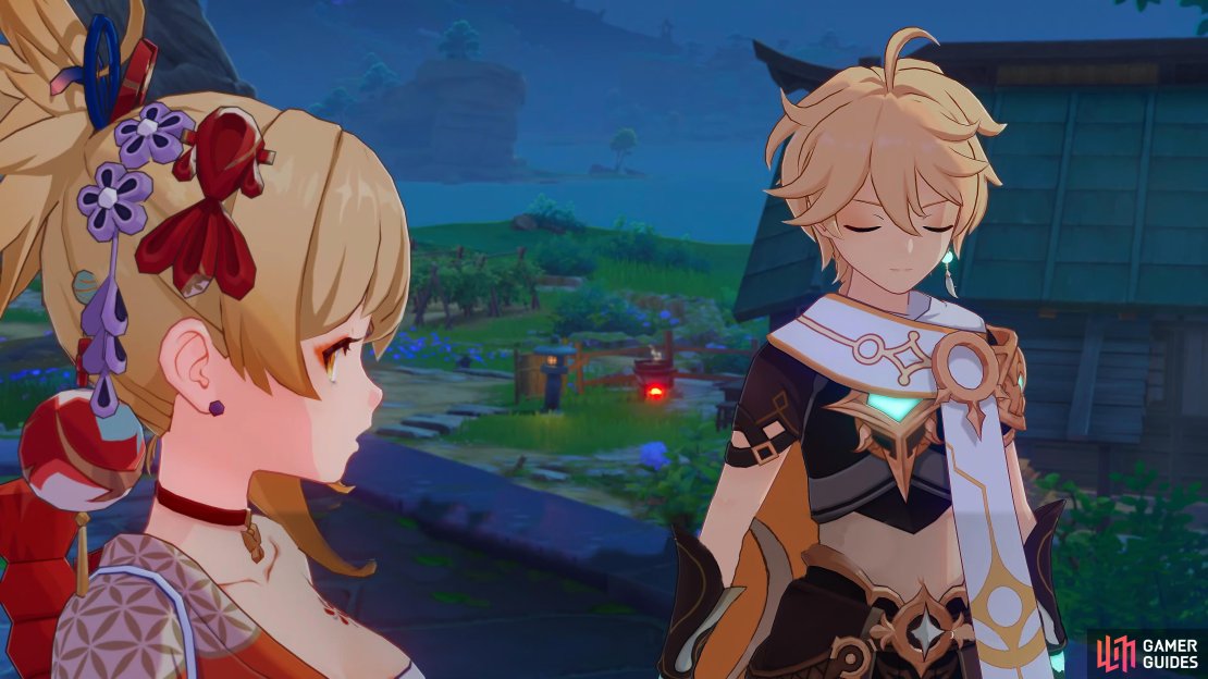Yoimiya talking to the Traveler.