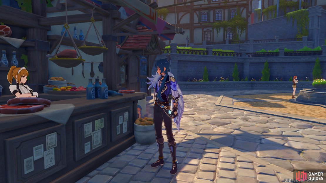The Traveler and Kaeya talking, outside the Good Hunter.