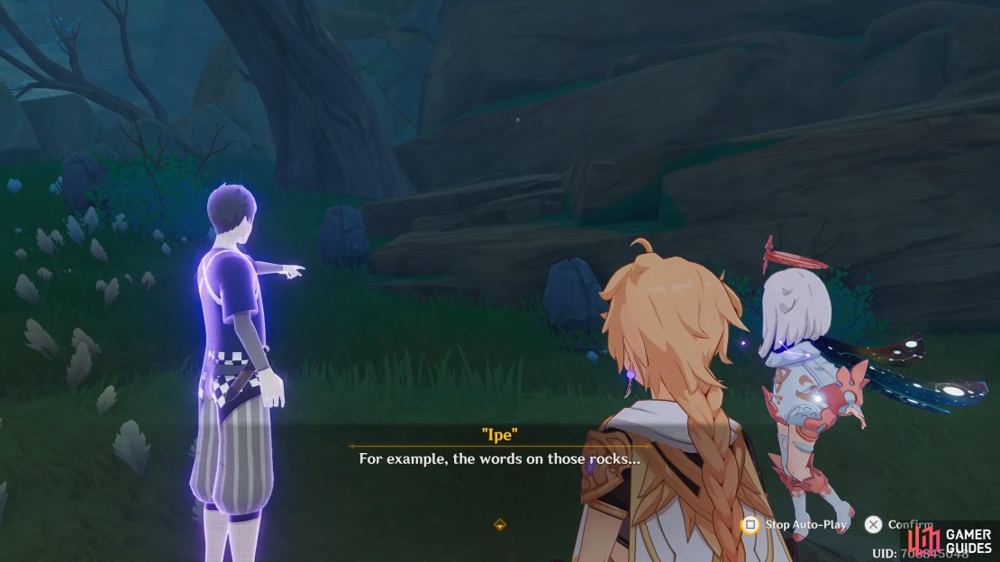 Ipe will point to the stones whilst talking about the Ishine Script.