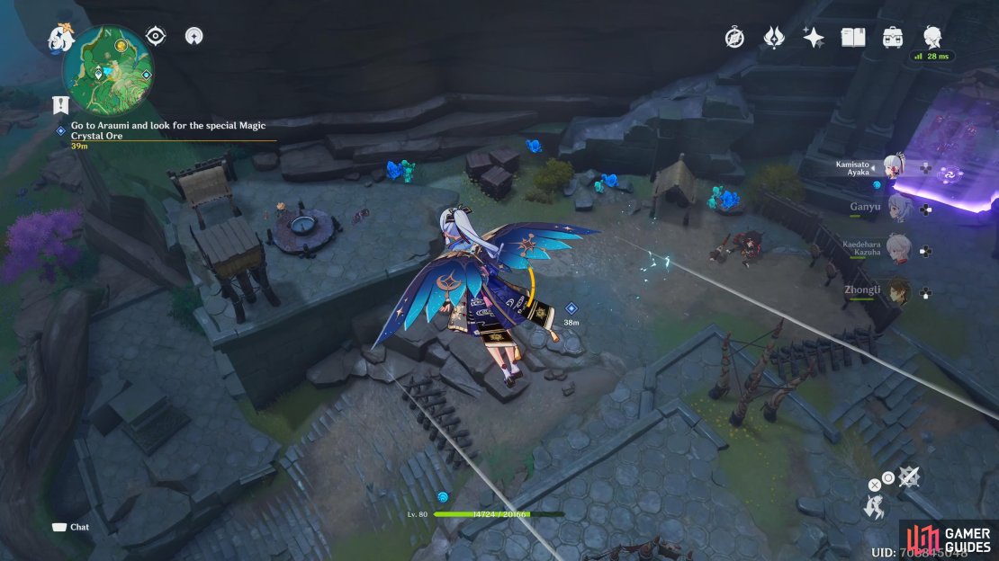 The Magical Crystal Ore can be seen laying next to the mountain as you glide over from the Araumi waypoint.