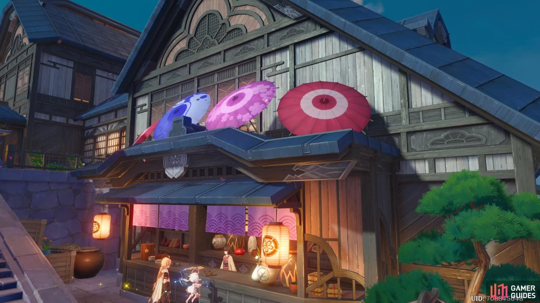 Miss Aoi’s general good shop can be found at the bottom of the stairs in Inazuma City.