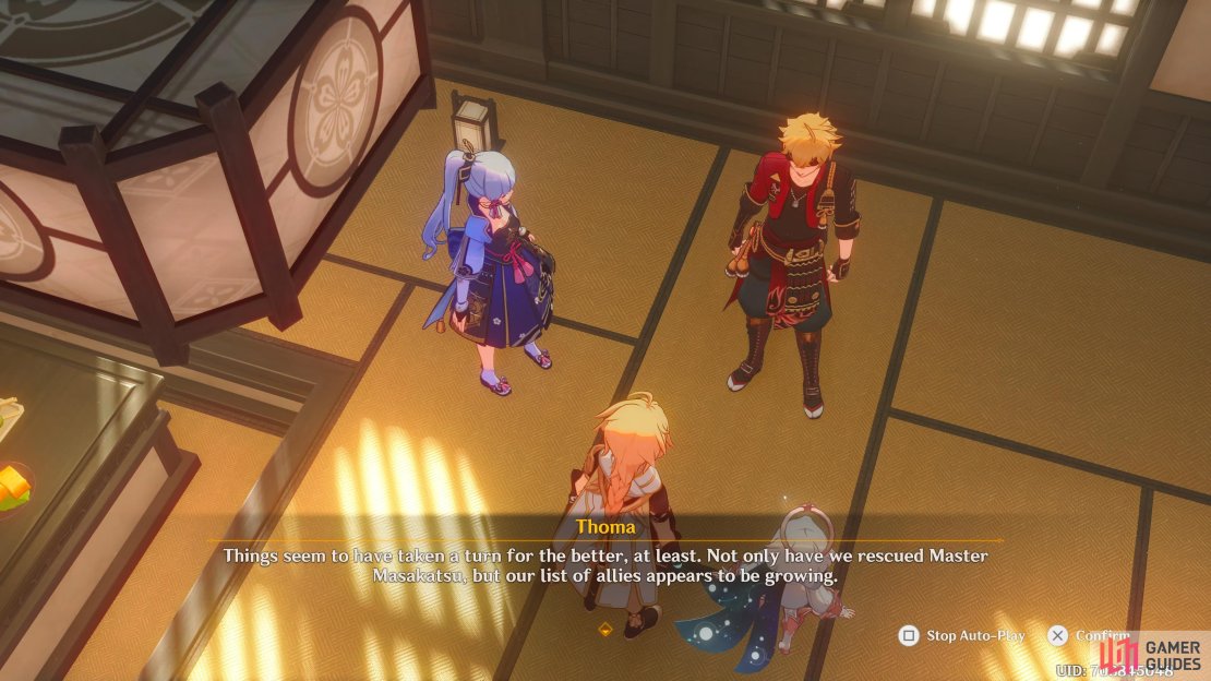 Ayaka, Thoma, and the Traveler going over their next plans.