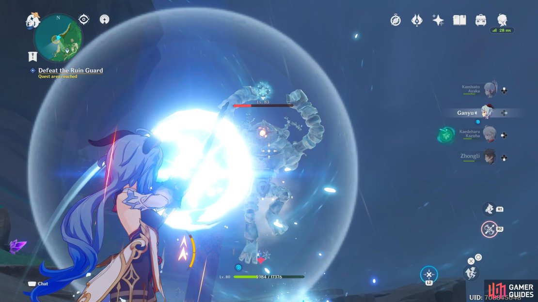 Make use of your surroundings. You are by the ocean which applies the wet status to the Ruin Guard automatically, add some Cryo to the mix, and it’s frozen. Leaving you all the time in the world to defeat it, without taking any damage.