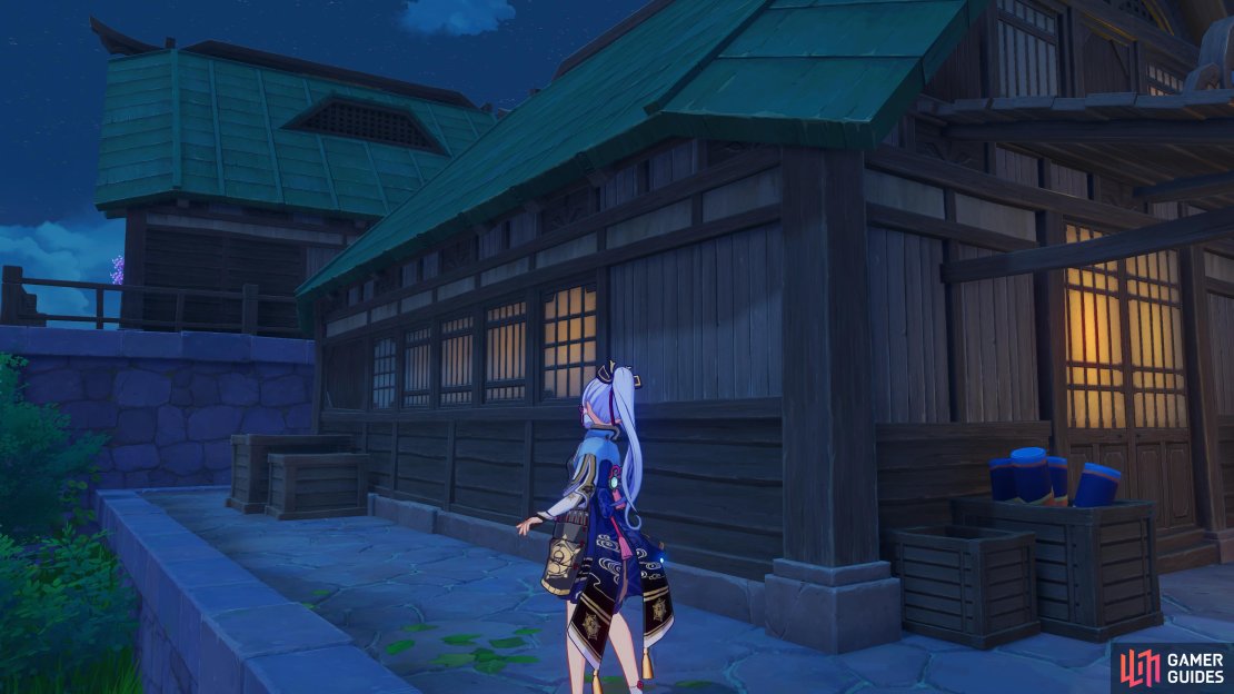 Head around the north side of Yoimiya’s house to find Sakujirou.