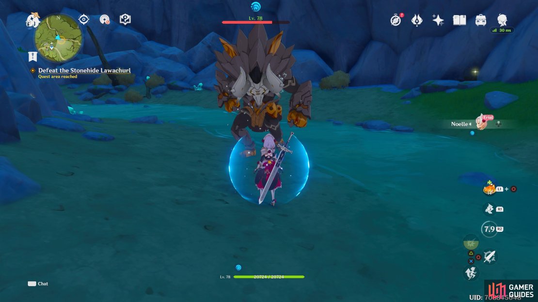 Make sure to use your Elemental Skill to protect you from the Lawachurls attacks as the can hit hard.
