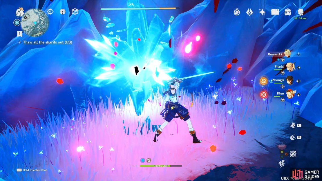 Attack the strange ice whilst you have the power from the Scarlet Quartz.