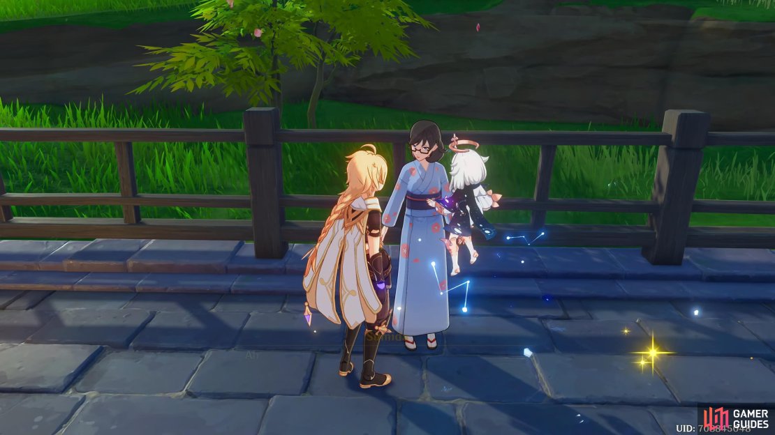 Paimon and the Traveler talking to Sudima about the commission.