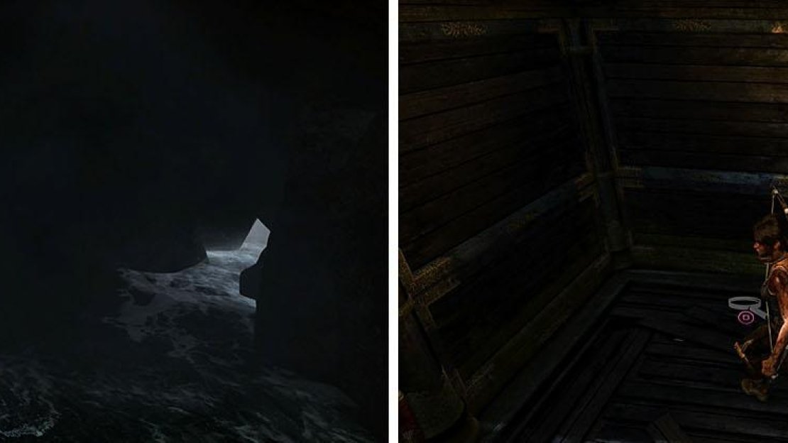 Don’t miss the Treasure Map behind the lower waterfall (left) and the GPS Cache in the building near the Base Camp (right).