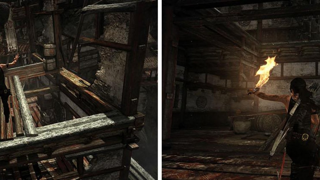 Jump across the building as the collapse (left). When you reach the final building you won’t want to miss the salvage crate upstairs via a ramp and ladder (right).