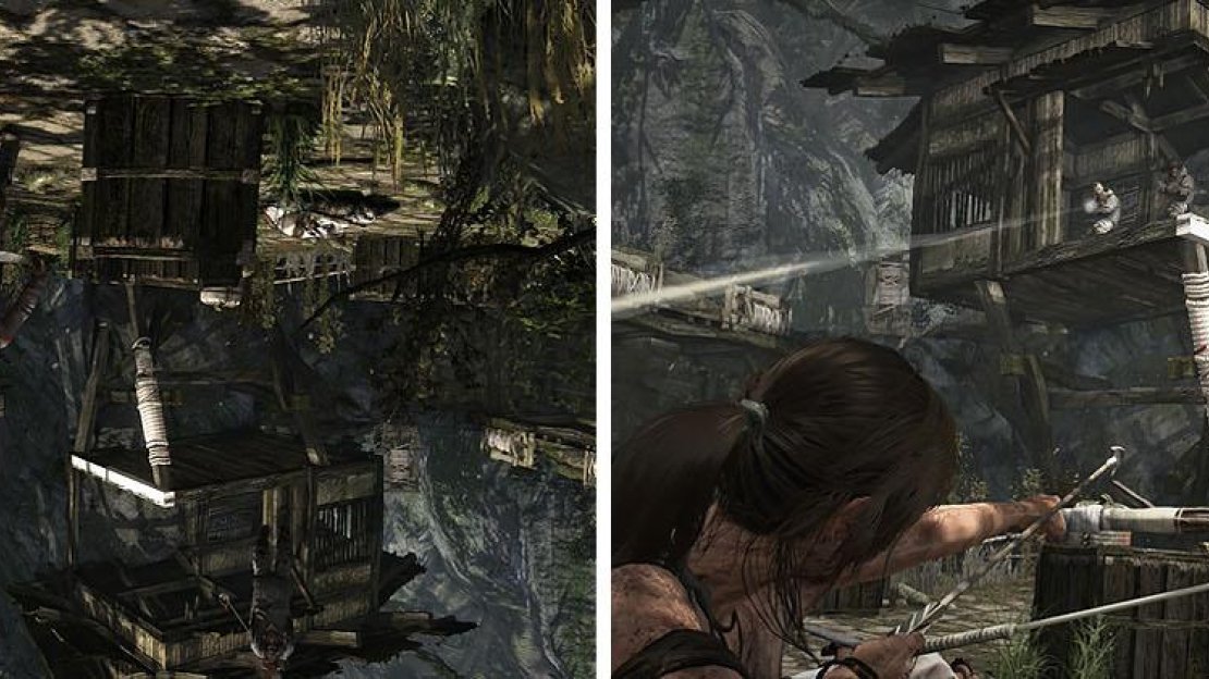 You’ll need to take out some areas while upside down (left) and even more when you get some rope, but pulling down the buildings will make it much easier (right).