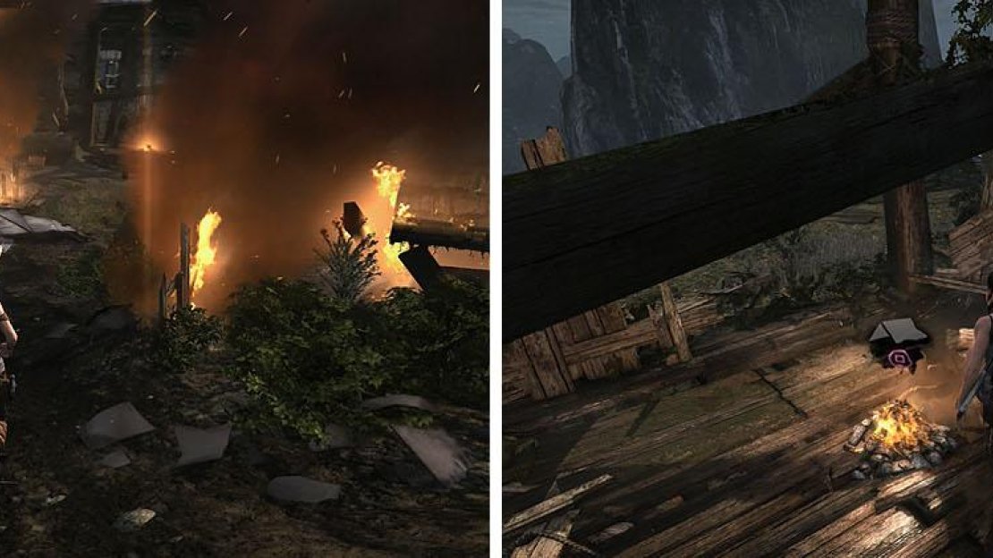 Make your way back to the Base Camp, collecting Caches (left). At the Base Camp make sure to read the revealing document to Roth (right).