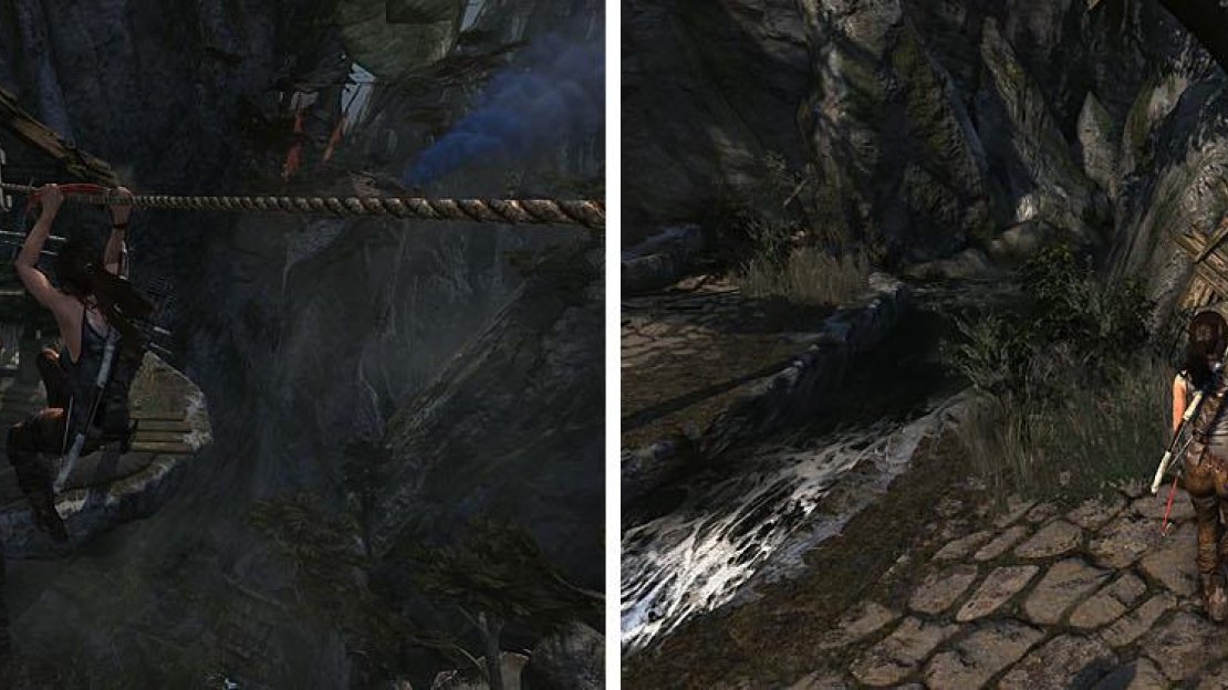 Create some rope bridges to reach the Ancient Scroll (left). After crossing back to entrance, walk across the tree to reach the dogtags (right).