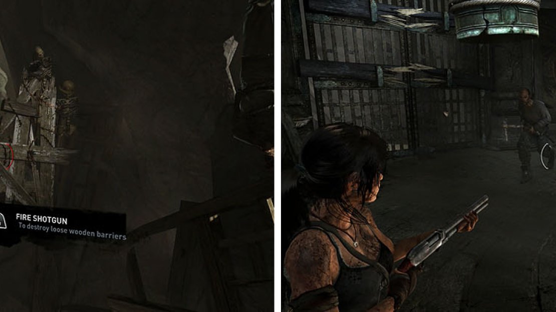 The shotgun is great for clearing barricades and enemies who dare to charge Lara.