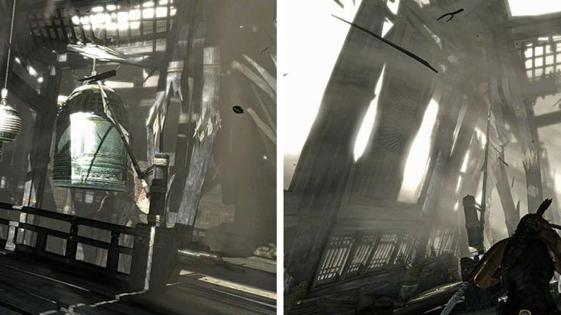 Use the wind to push the weight further and allow you to break the supports (left). Once both supports are gone you can then drop the bell (right).