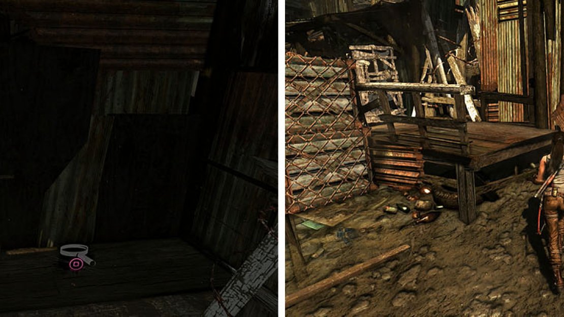 Don’t miss the GPS Cache on the floor between two barricades (left). The building with the painting had two barricades, each with items (right).