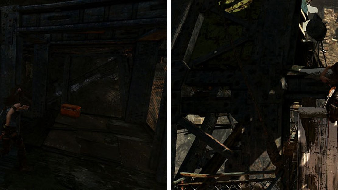 Grab the Food Cache before you scramble up and spot an Alarm to the left.