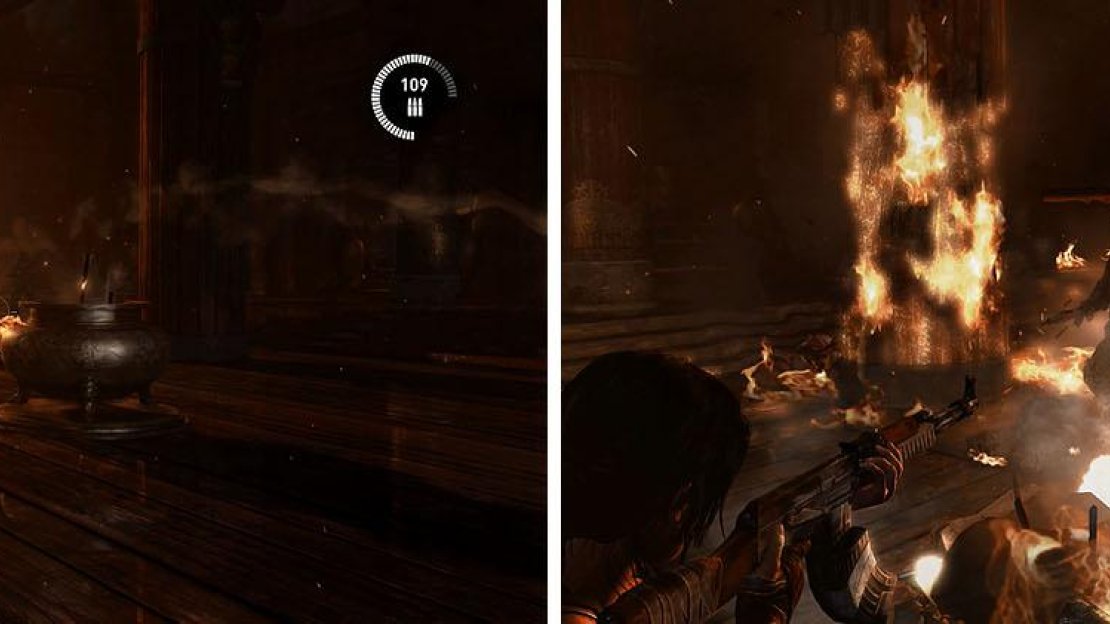 Beware of being flanked as the fire engulfs the room (left) and then take out the armored Solarii who end at the end of the fight (right).