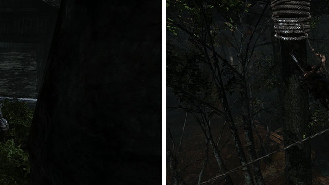 Don’t miss the GPS Cache behind the building when you climb up (left). Out the other side of the buidling, create a rope bridge to drop onto the other (right).